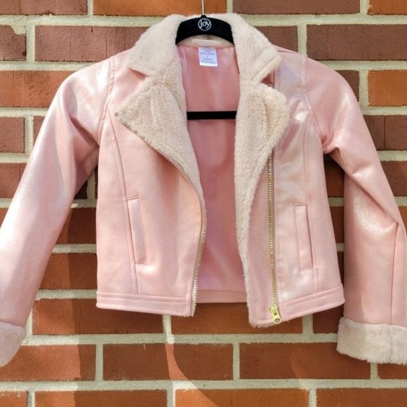 Little Lass Other - Girls' Shiny Pink Fabric and Faux Fur Motorcycle Jacket - Size 6 - Used